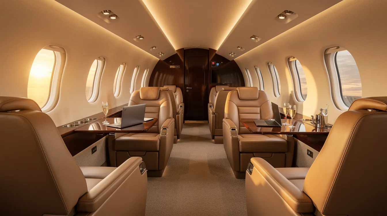 The image depicts the interior of a spacious private jet cabin featuring luxurious leather seats and warm ambient lighting, designed to provide an exceptional travel experience for private clients. This elegant space reflects the high standards of private aviation, offering comfort and sophistication for those who choose to fly private.