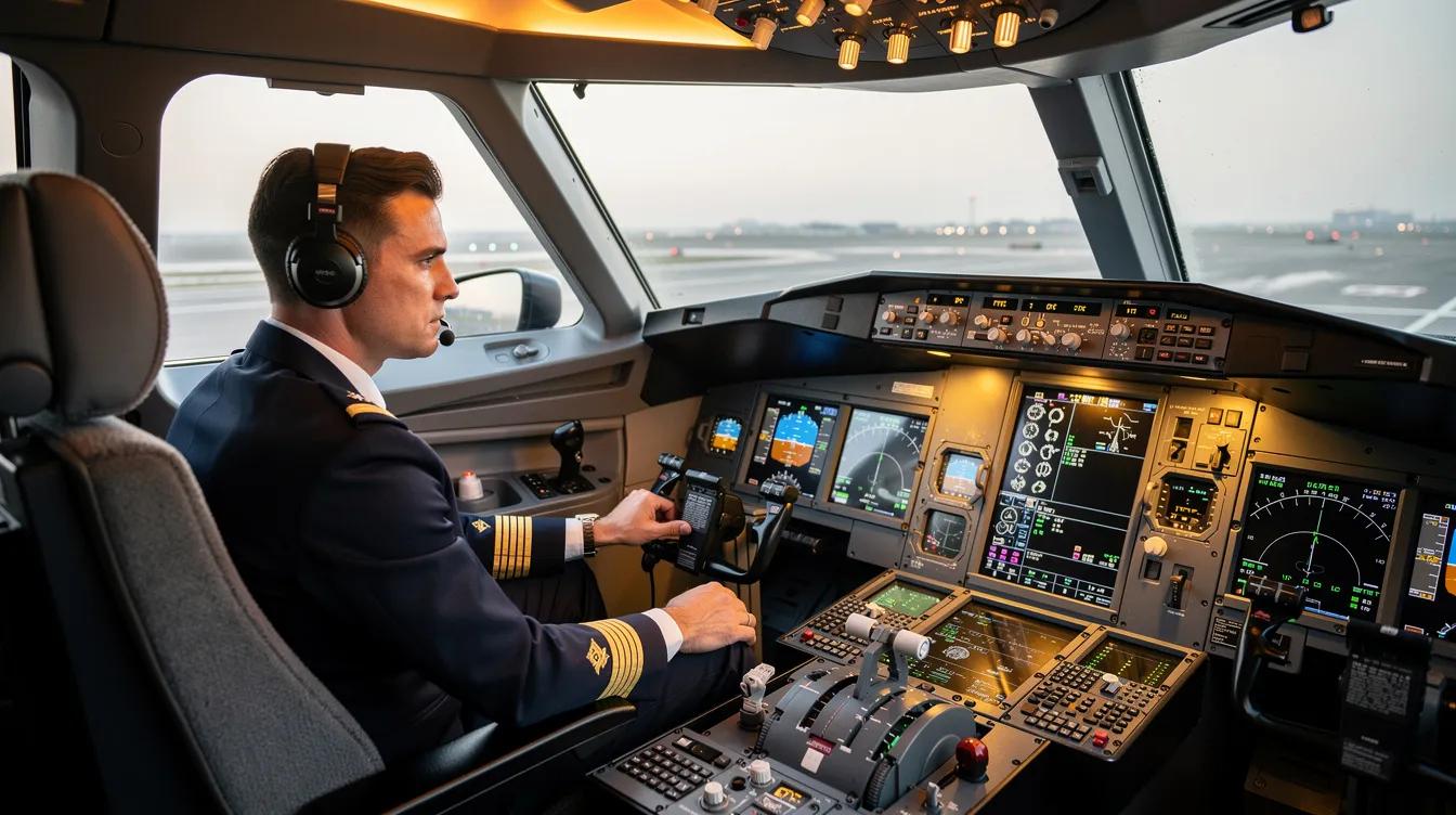 A professional pilot is intently reviewing instruments in a well-lit cockpit of a private jet, showcasing the meticulous attention to detail required in private aviation. This scene highlights the dedication to safety and exceptional service that clients can expect from companies like Magellan Jets, known for their comprehensive range of private aviation solutions.