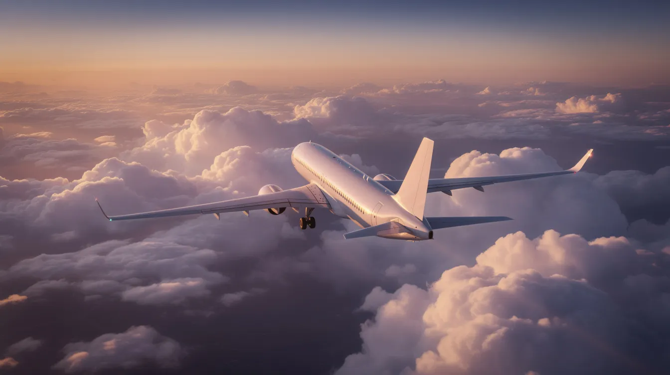 An aerial view captures a commercial aircraft flying steadily above dramatic cloud formations during sunset, showcasing the beauty of flight. This image reflects the essence of aviation, perfect for those using a flight tracker app to monitor flight details and status.