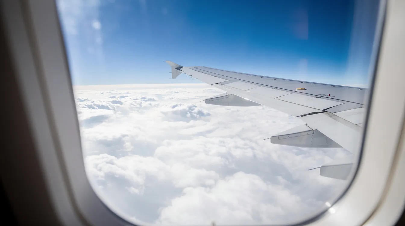 An airplane wing extends into the frame above a thick layer of fluffy white clouds, illuminated by bright sunlight on a clear day. This serene view captures the essence of flying, perfect for those tracking flights or planning their next adventure with a flight tracker app.