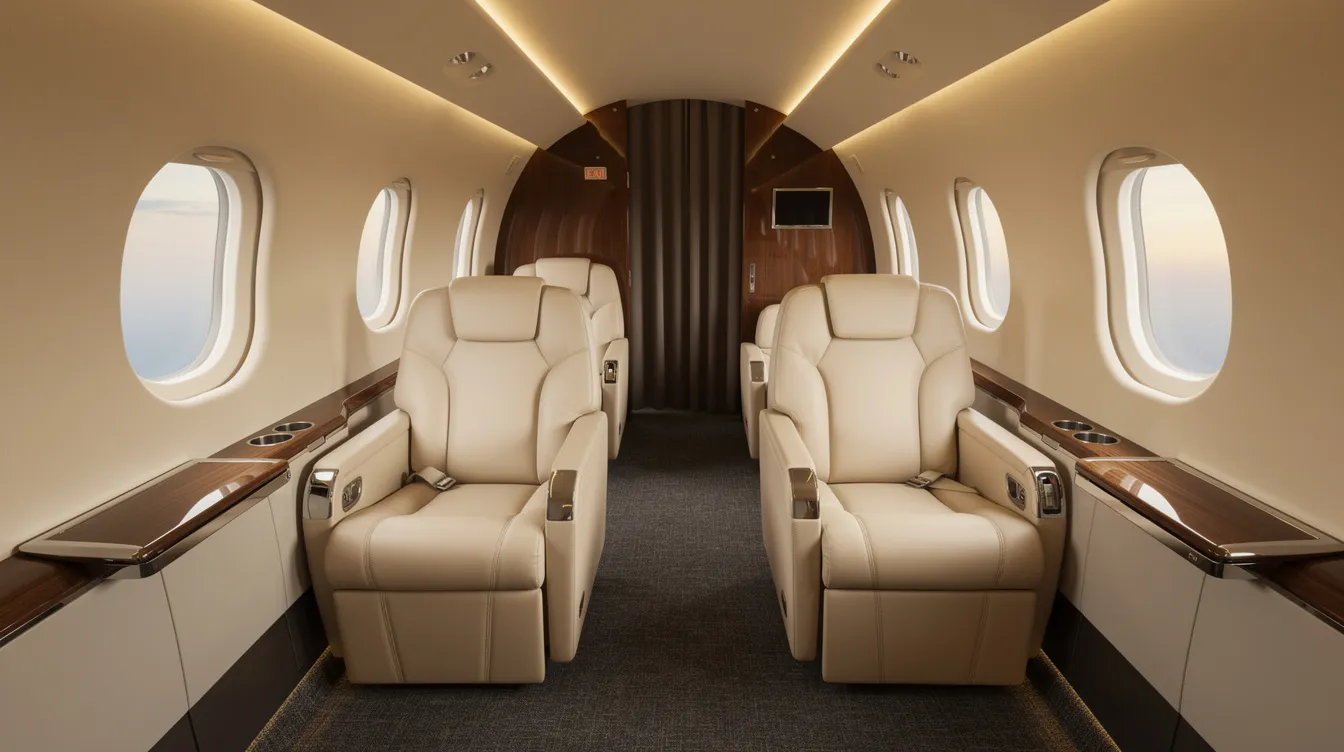 The image depicts the interior of a modern private jet cabin featuring luxurious cream leather seats and soft ambient lighting, designed for comfort and elegance in private aviation. This sophisticated space is ideal for travelers seeking a flexible alternative to traditional air travel, such as private jet leasing solutions.