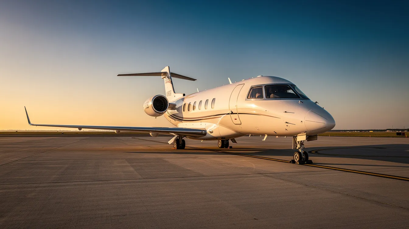 A sleek private jet is parked on a tarmac during the golden hour, with a clear sky in the background, showcasing the elegance of private aviation. This image highlights the convenience and luxury of private jet travel, perfect for those considering a private jet lease or looking for a cost-effective leasing solution.