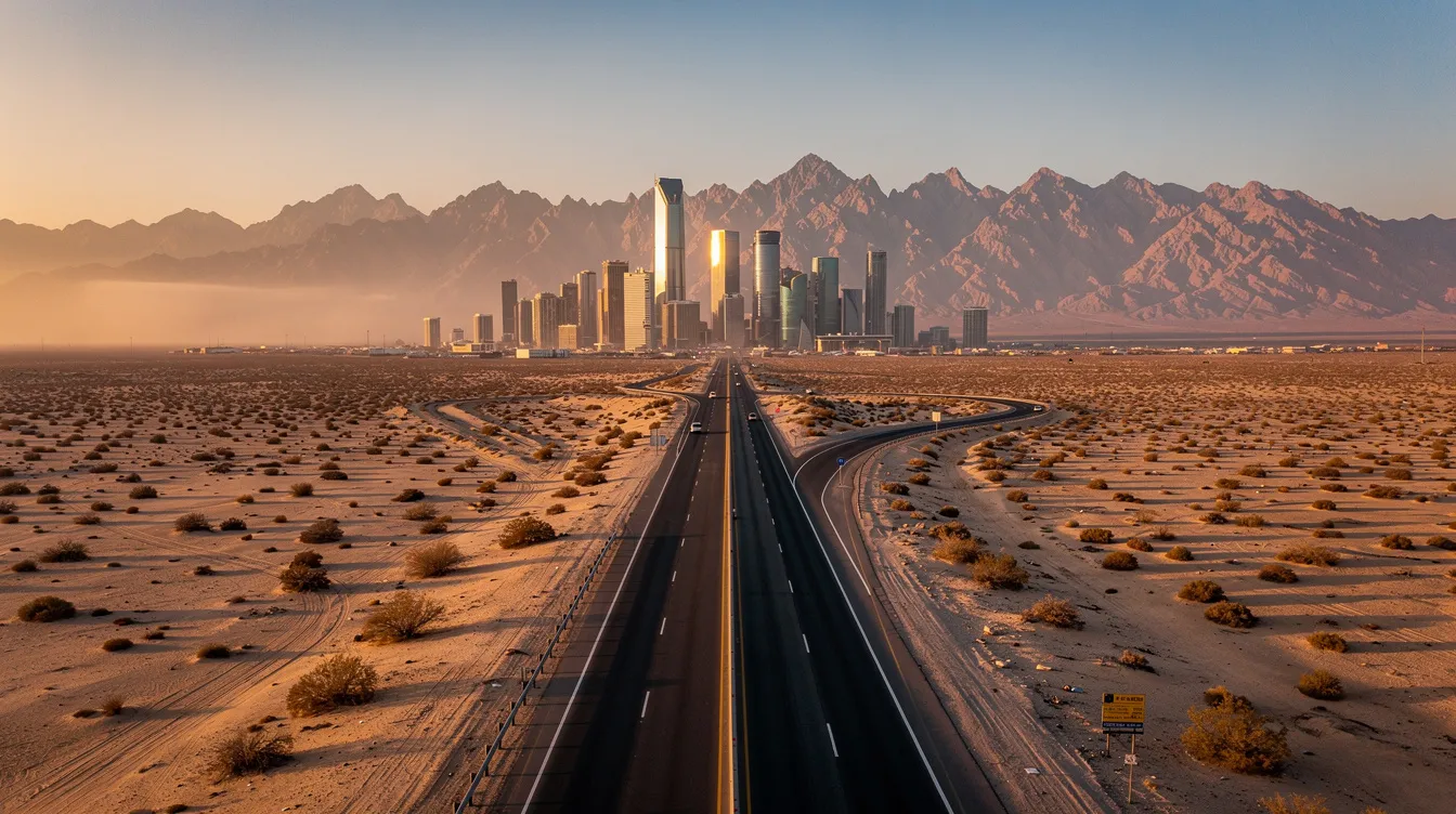 An aerial view captures a long desert highway stretching towards a bustling city skyline, framed by majestic mountains in the background. This scene evokes the allure of private travel, highlighting the ease of reaching exclusive destinations like Las Vegas, where semi private flights offer a more affordable alternative to commercial air travel.