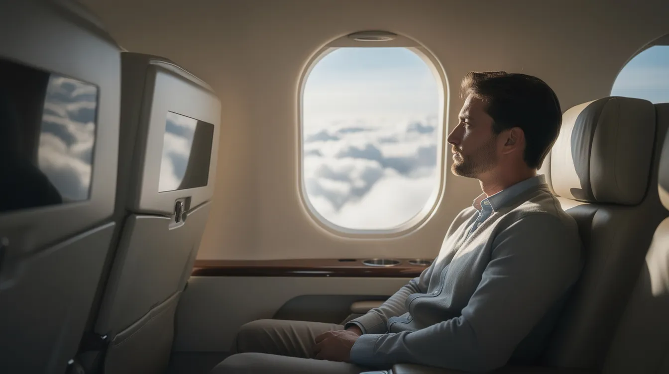 A calm passenger gazes out the window of a private jet, observing the fluffy clouds drifting below. This serene scene captures the essence of private aviation and the luxury of fractional jet ownership, highlighting the comfort and exclusivity of private jet travel.