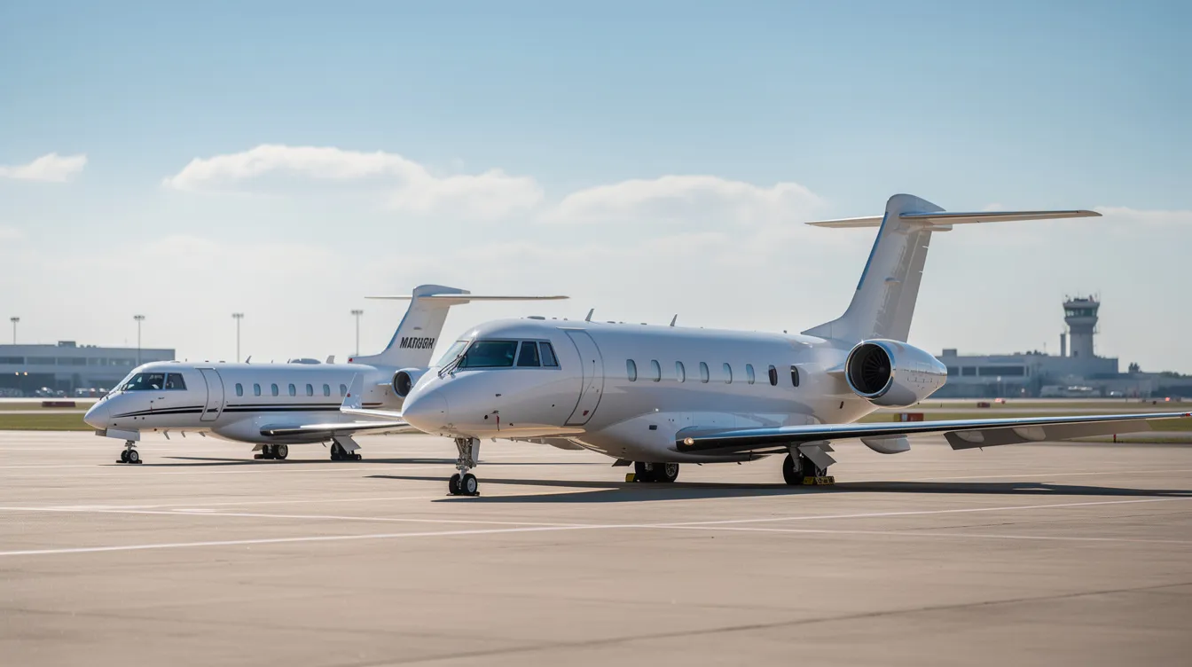 The image shows three private jets of varying sizes parked on a sunny runway, illustrating the concept of fractional jet ownership, where multiple owners can share the costs and benefits of private aviation. The smallest jet represents light jets, while the largest is a super midsize jet, showcasing the spectrum of aircraft types available for private jet travel.