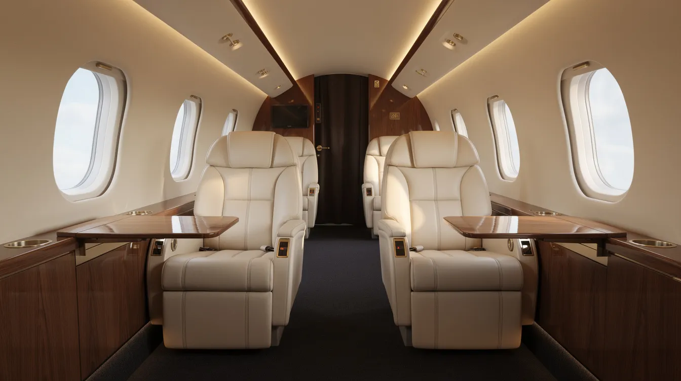 The image depicts the luxurious interior of a private jet cabin, featuring plush leather seats and soft ambient lighting, ideal for private aviation experiences. This elegant setting highlights the comfort and exclusivity associated with fractional jet ownership and private jet travel.
