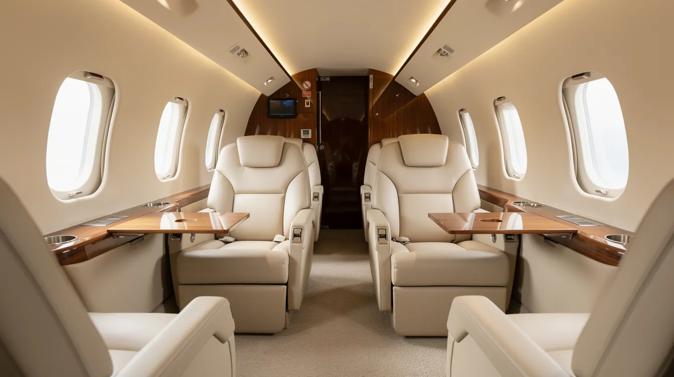The image depicts the interior of a mid-size private jet cabin, featuring cream leather seats arranged for up to eight passengers, complemented by warm lighting that enhances the luxurious atmosphere. This private aircraft exemplifies comfort and elegance, ideal for charter flights and private aviation experiences.