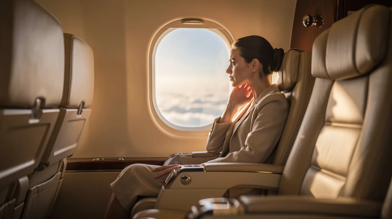 A calm passenger gazes out of a private jet window, taking in the fluffy clouds below while warm cabin lighting creates a cozy atmosphere. This serene moment highlights the luxury and comfort of private aviation, suitable for up to eight passengers.