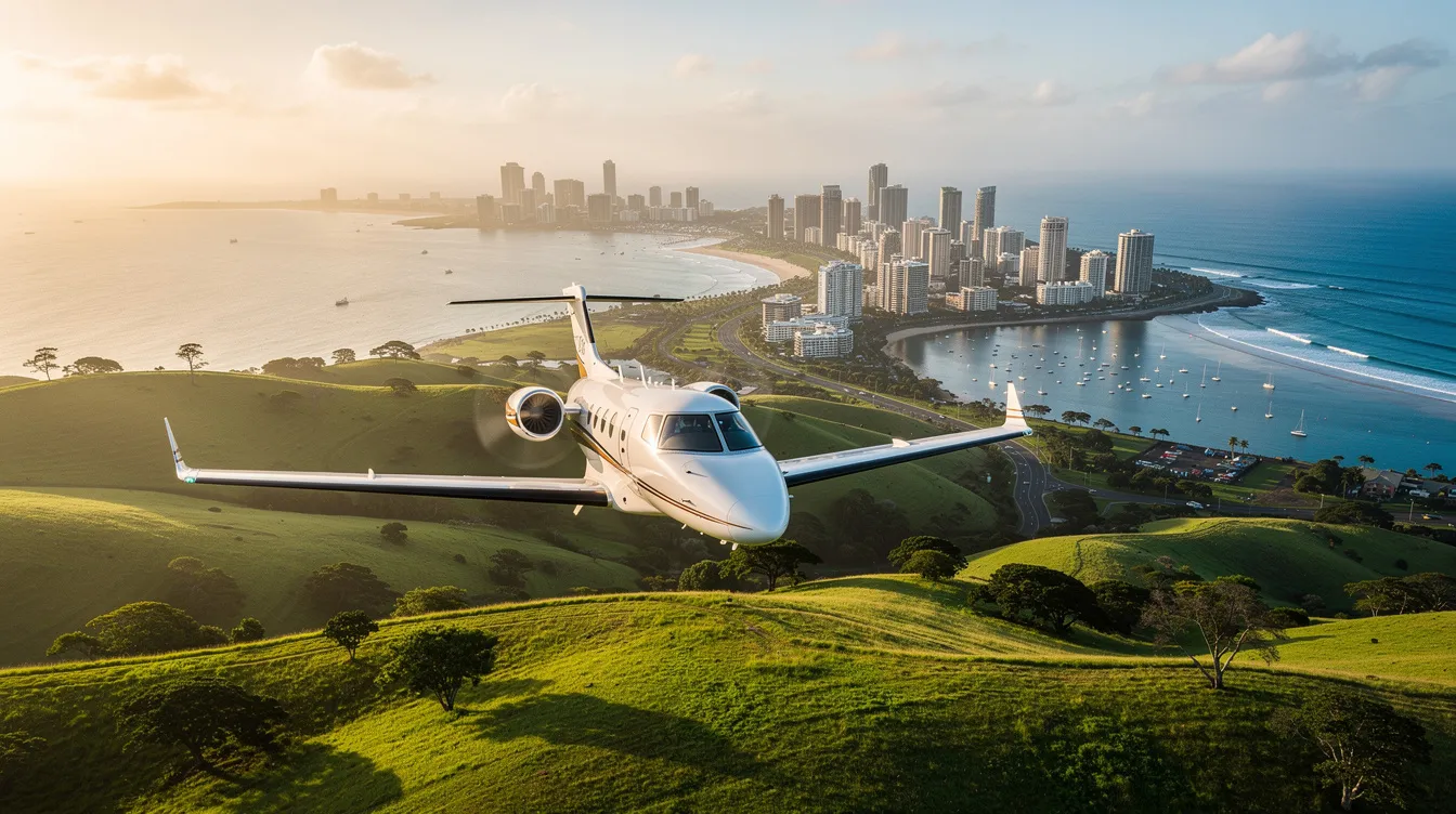 A very light jet is flying low over lush green hills, with a coastal city visible in the background. This scene captures the essence of private aviation, showcasing the sleek design of the aircraft as it glides through the sky, ideal for charter flights and accommodating up to eight passengers.