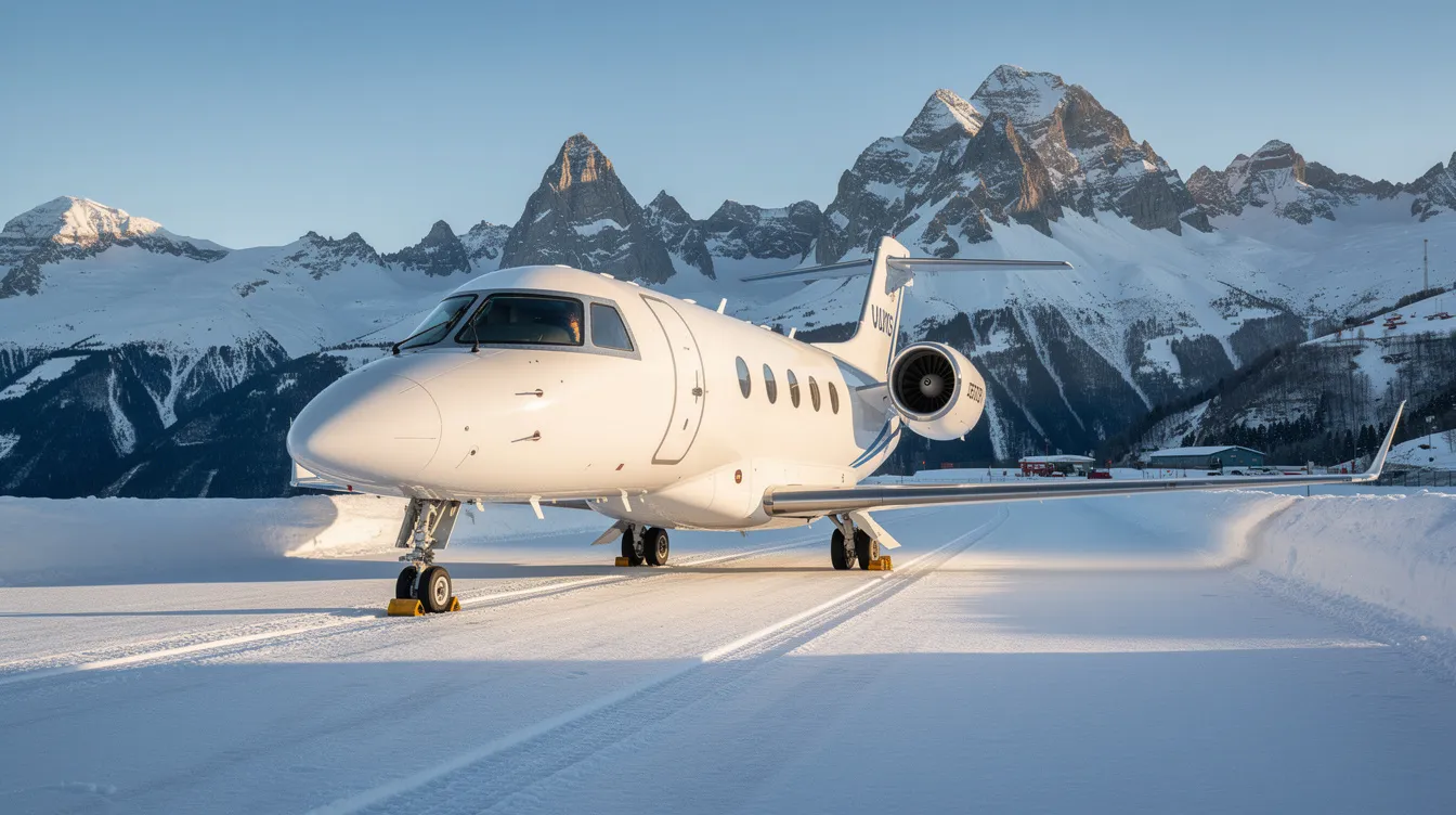 A small white private jet is parked on a snowy mountain runway, with majestic peaks visible in the background, showcasing the allure of private aviation and luxury travel. This scene represents the freedom and convenience of private jet travel, ideal for those seeking personalized service and guaranteed aircraft availability.