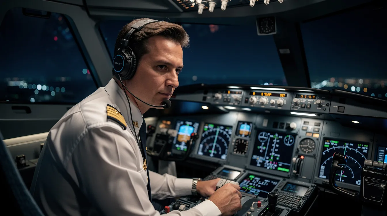 A focused pilot in a well-lit cockpit is attentively checking flight instruments, embodying the professionalism and safety essential in private aviation. This moment captures the dedication required to ensure a seamless journey for passengers traveling in a private jet.