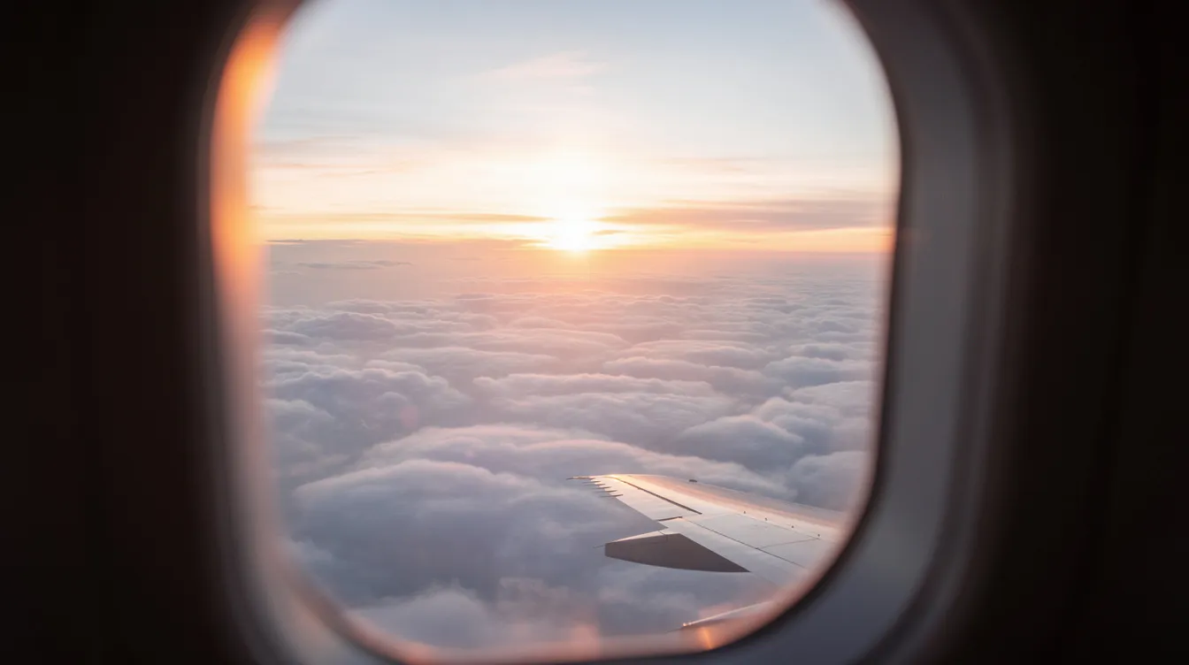 The image captures a serene view from an airplane window, showcasing a vibrant sunset above a blanket of soft clouds. This picturesque scene highlights the beauty of flying, perfect for those using a flight tracking app to monitor their journey in real time.