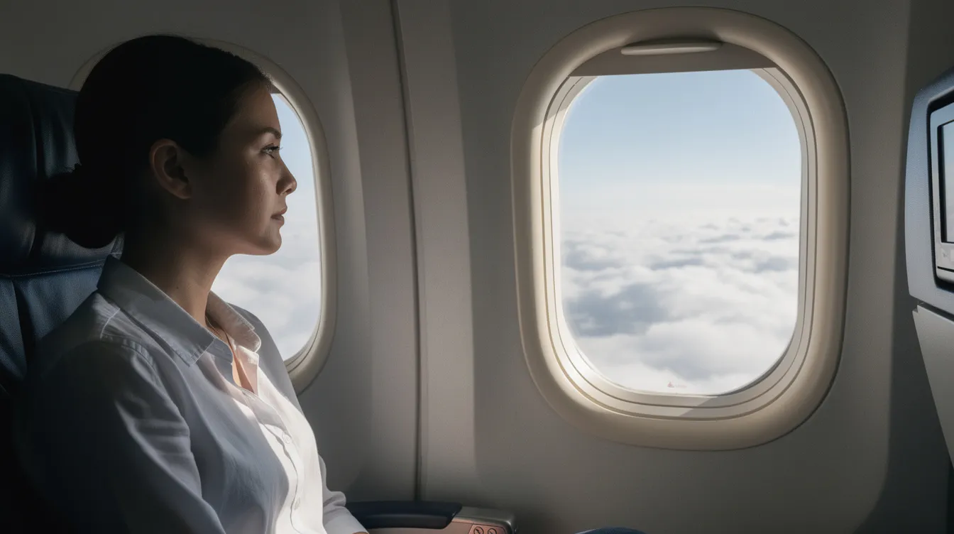 A calm passenger gazes out of an aircraft window, observing a serene layer of fluffy clouds below, embodying the tranquility of private jet travel. This moment captures the essence of flying privately, where comfort and peace blend seamlessly at high altitudes.