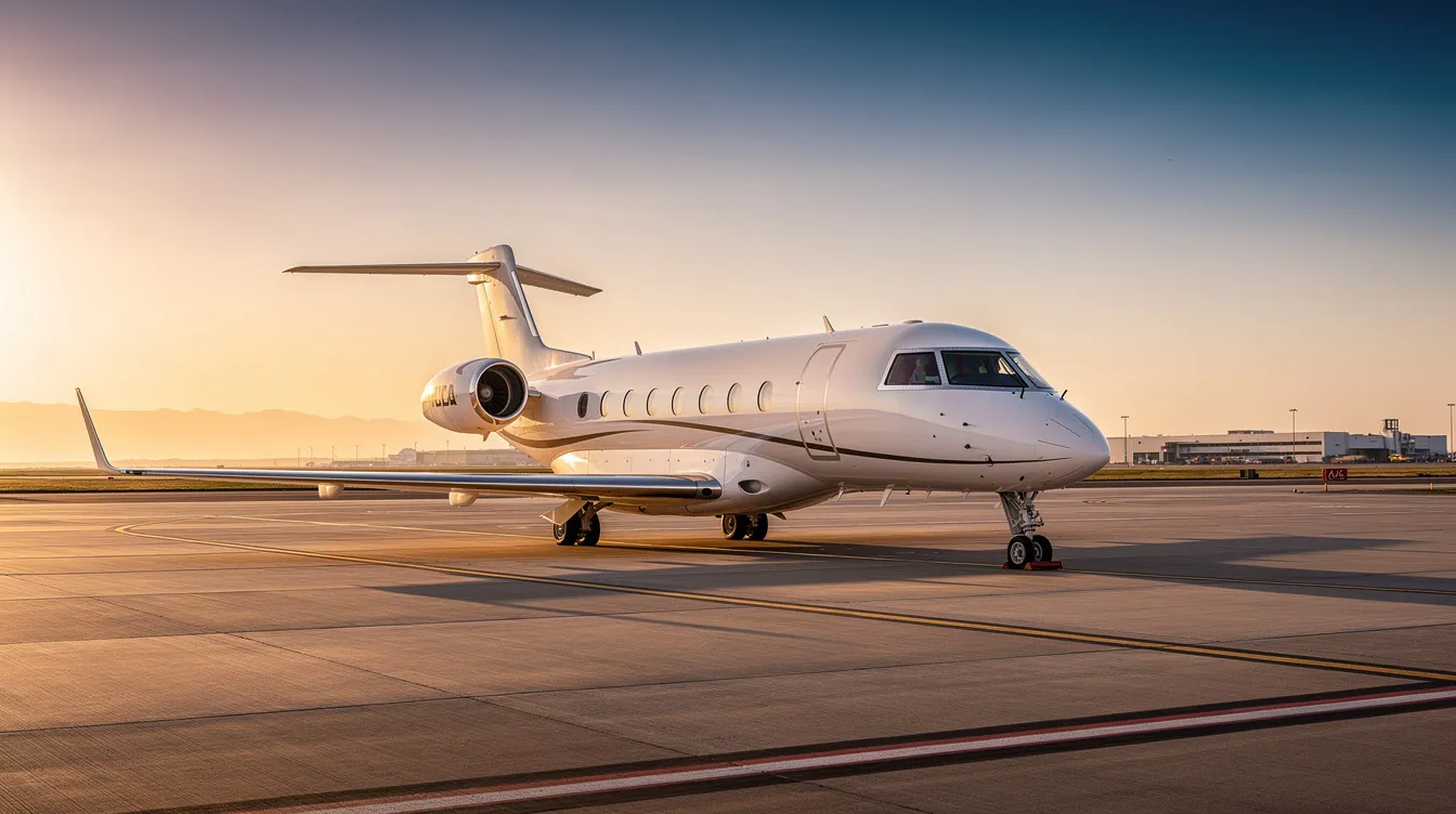 A sleek white private jet is parked on a quiet airport tarmac during golden hour, with a clear sky in the background. This image captures the essence of private jet travel, showcasing the luxury and efficiency of private aviation.