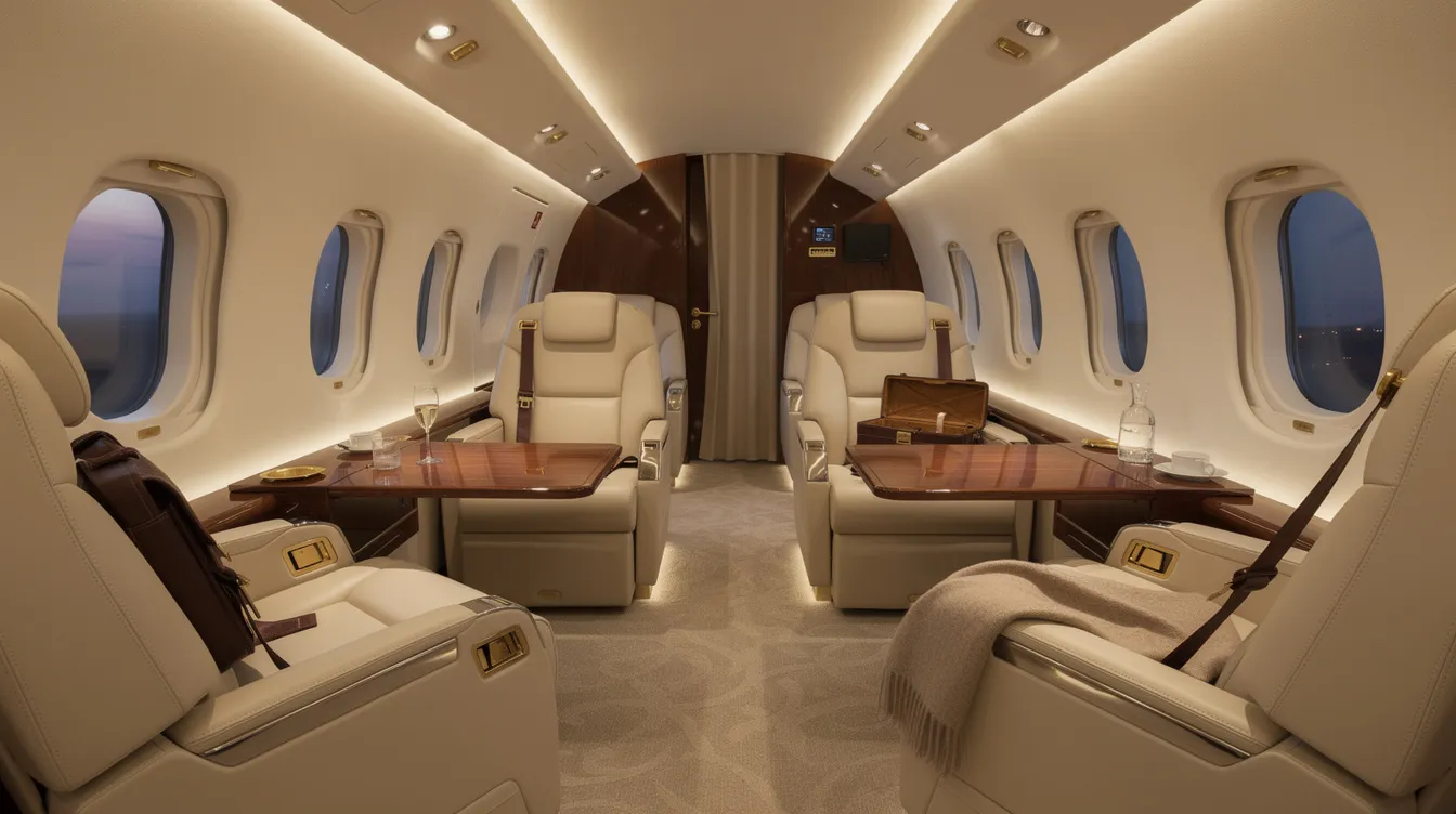 The image depicts the luxurious interior of a private jet cabin, featuring plush leather seats and ambient soft lighting, creating an inviting atmosphere for private jet travel. This elegant space exemplifies the comfort and sophistication associated with private aviation, ideal for those considering private jet leasing or charter flights.