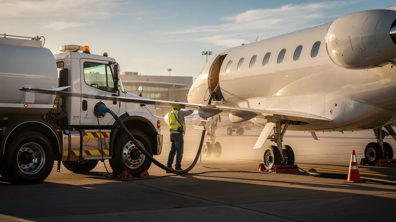 A private jet is being refueled on an airport ramp, surrounded by fuel trucks and a dedicated ground crew. This scene highlights the operational aspects of private aviation, showcasing the meticulous attention required for private jet travel.
