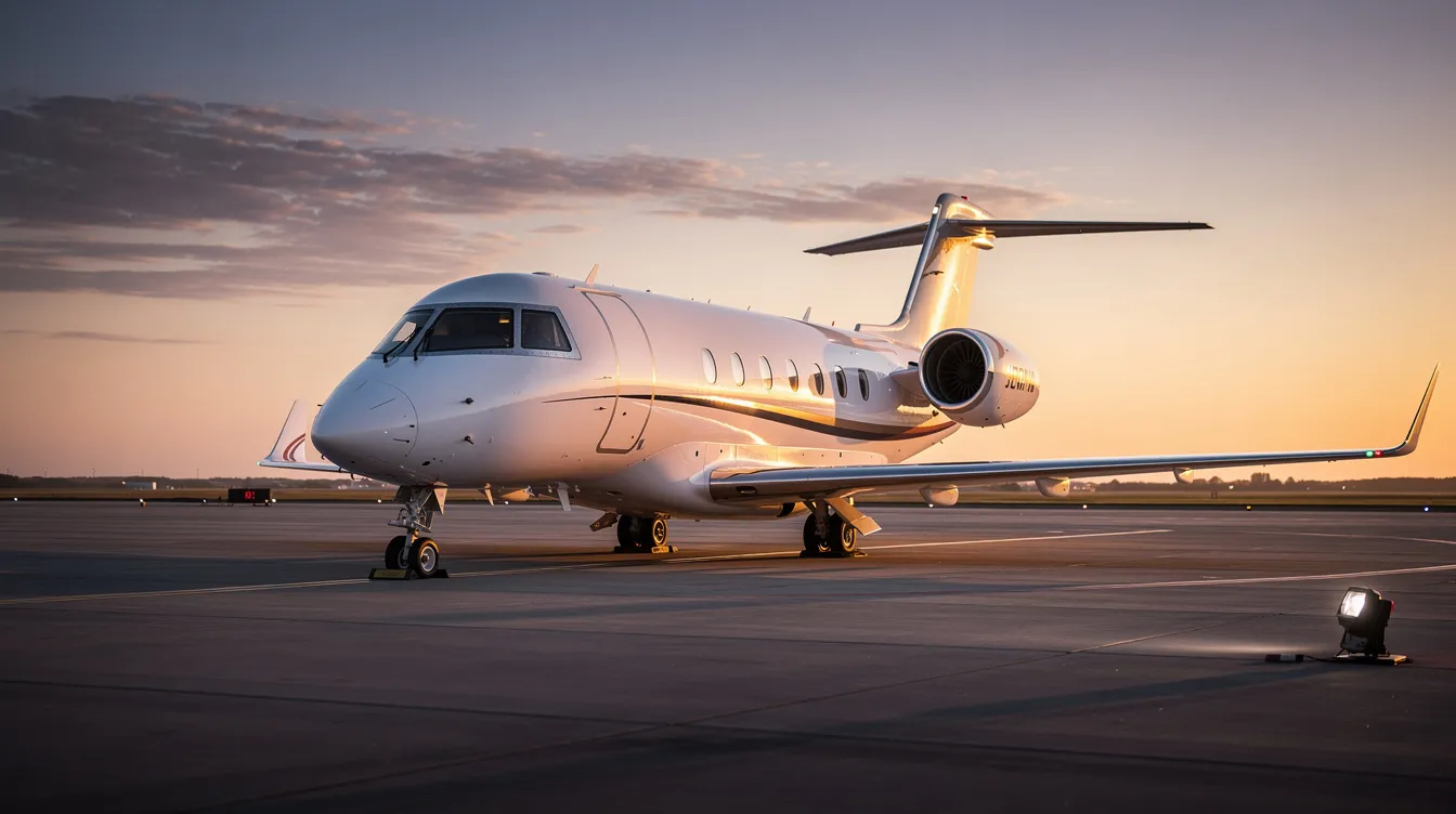 A sleek modern private jet is parked on a quiet tarmac, bathed in the warm hues of sunset, with a calm sky in the background. This scene captures the essence of private aviation, offering a glimpse into the luxurious and flexible travel options available through jet leasing programs.