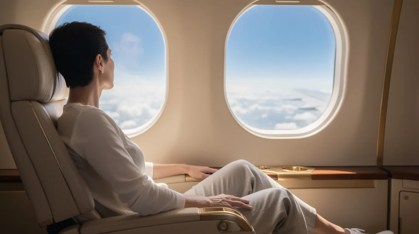 A relaxed individual gazes out of a private jet window, observing a bright sky with scattered clouds below, embodying the luxurious travel experience offered by innovative private aviation companies like Sentient Jet. The serene view reflects the commitment to quality and outstanding service heritage that defines flying private.
