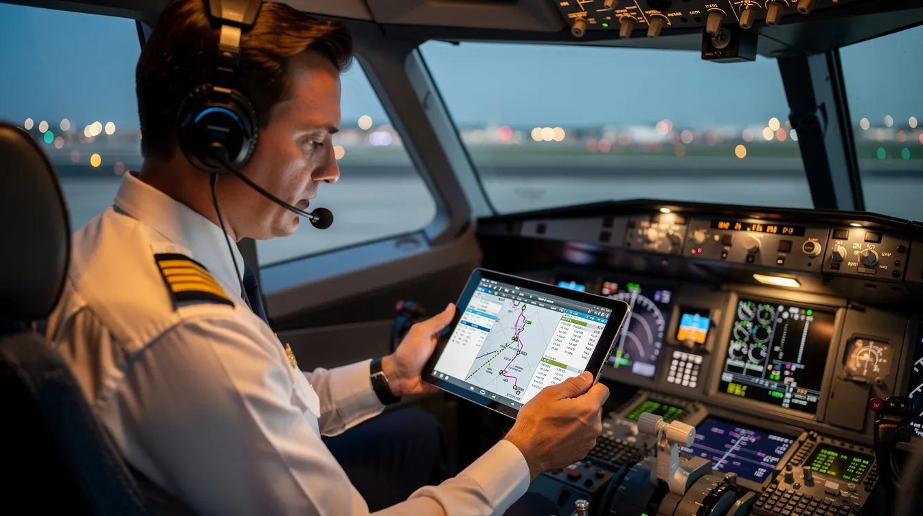 In a well-lit cockpit, a pilot is intently reviewing a flight plan on a tablet, preparing for departure. The scene reflects the professionalism and attention to detail characteristic of innovative private aviation companies like Sentient Jet, ensuring a safe and efficient travel experience.