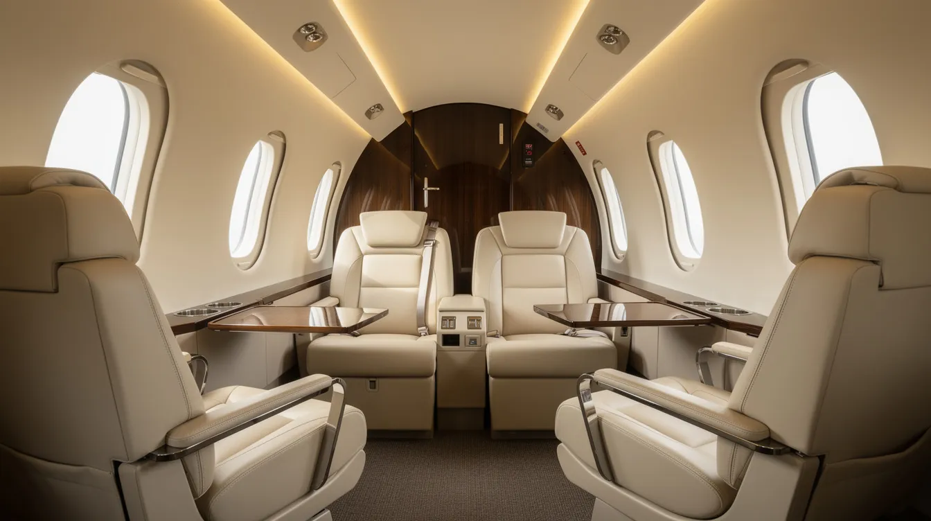 The image depicts the interior of a modern light business jet cabin, featuring cream leather seats arranged in a spacious layout, complemented by warm lighting that creates an inviting atmosphere. This luxurious setting reflects the high standards of private aviation and the outstanding service heritage associated with companies like Sentient Jet.