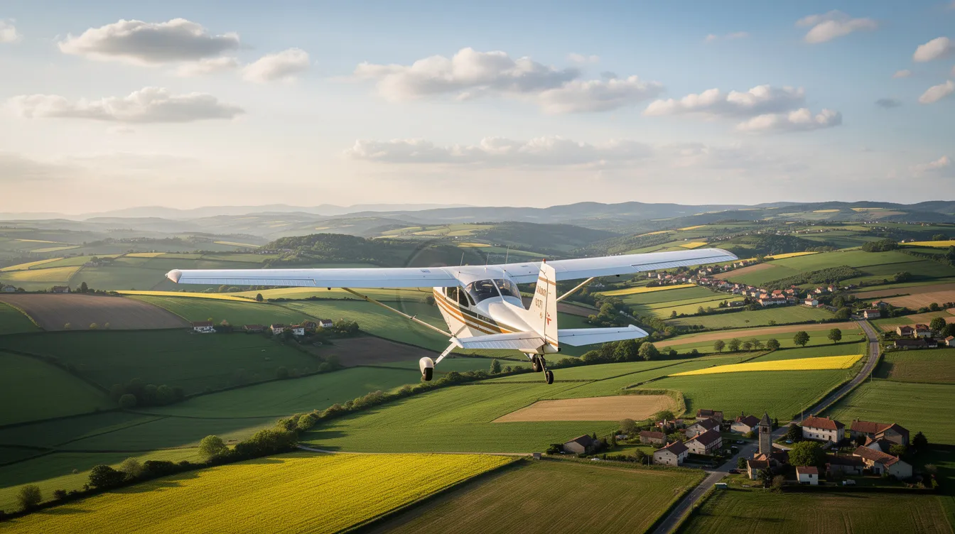 A small single-engine aircraft glides gracefully over the lush green European countryside, with scattered clouds dotting the sky. This picturesque flight scene captures the essence of general aviation, perfect for student pilots and experienced aviators alike, showcasing the beauty of VFR flying and the importance of flight planning.