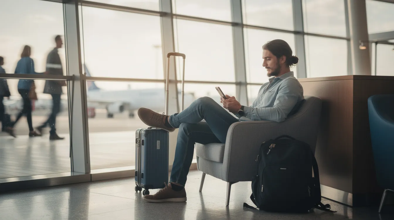 A relaxed traveler sits in an airport lounge, checking their phone for flight details and updates. They appear to be tracking their flight status using an airline app, possibly looking for information on arrival times and gate changes.