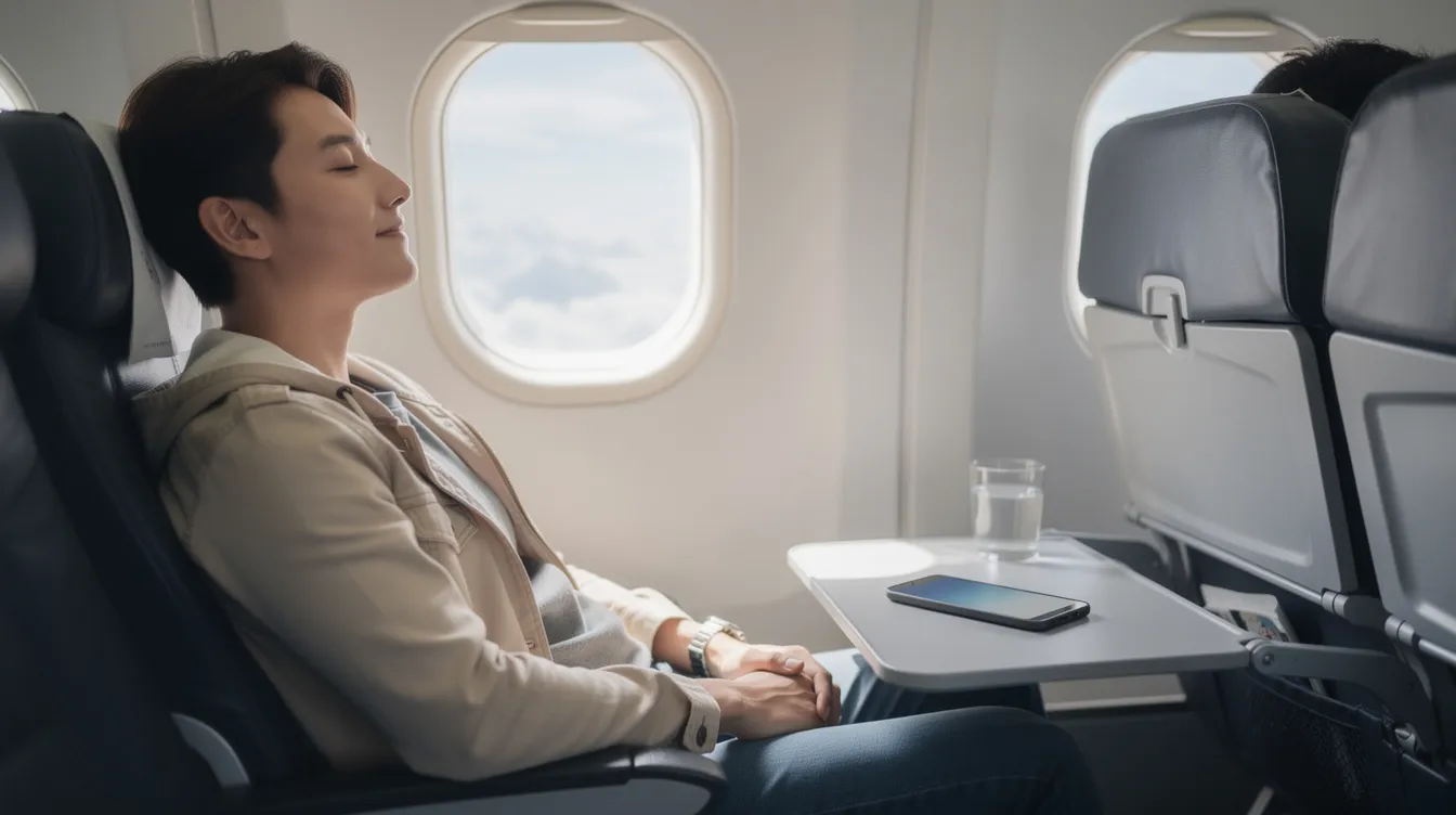 A calm traveler sits comfortably in an airplane seat, with a phone resting on the tray table displaying flight information, including flight status and details. The serene atmosphere suggests a peaceful journey as the traveler prepares to track flights and stay updated on their flight number and arrival times.