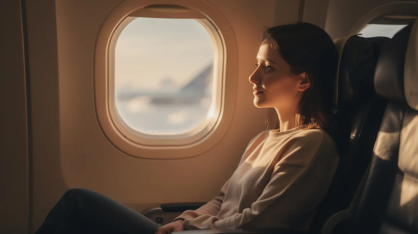 A calm passenger sits relaxed by a plane window, bathed in soft light as they enjoy the view outside. This serene moment captures the essence of private aviation, highlighting the comfort and tranquility offered by private jet travel.