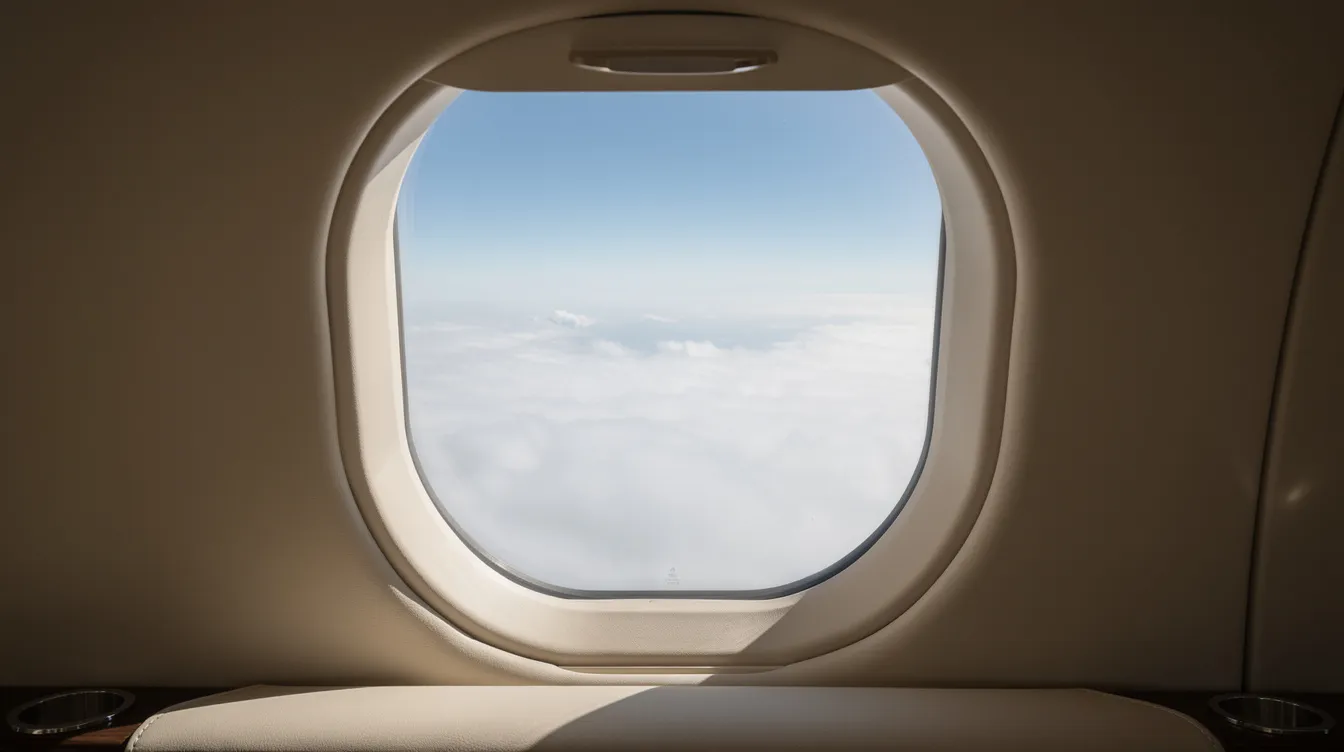 The image depicts a serene view from inside a private jet, showcasing fluffy white clouds against a calm blue horizon, emphasizing the luxury of private aviation. This tranquil scene highlights the experience of private jet travel, offering a glimpse into the comfort and exclusivity associated with private jets.