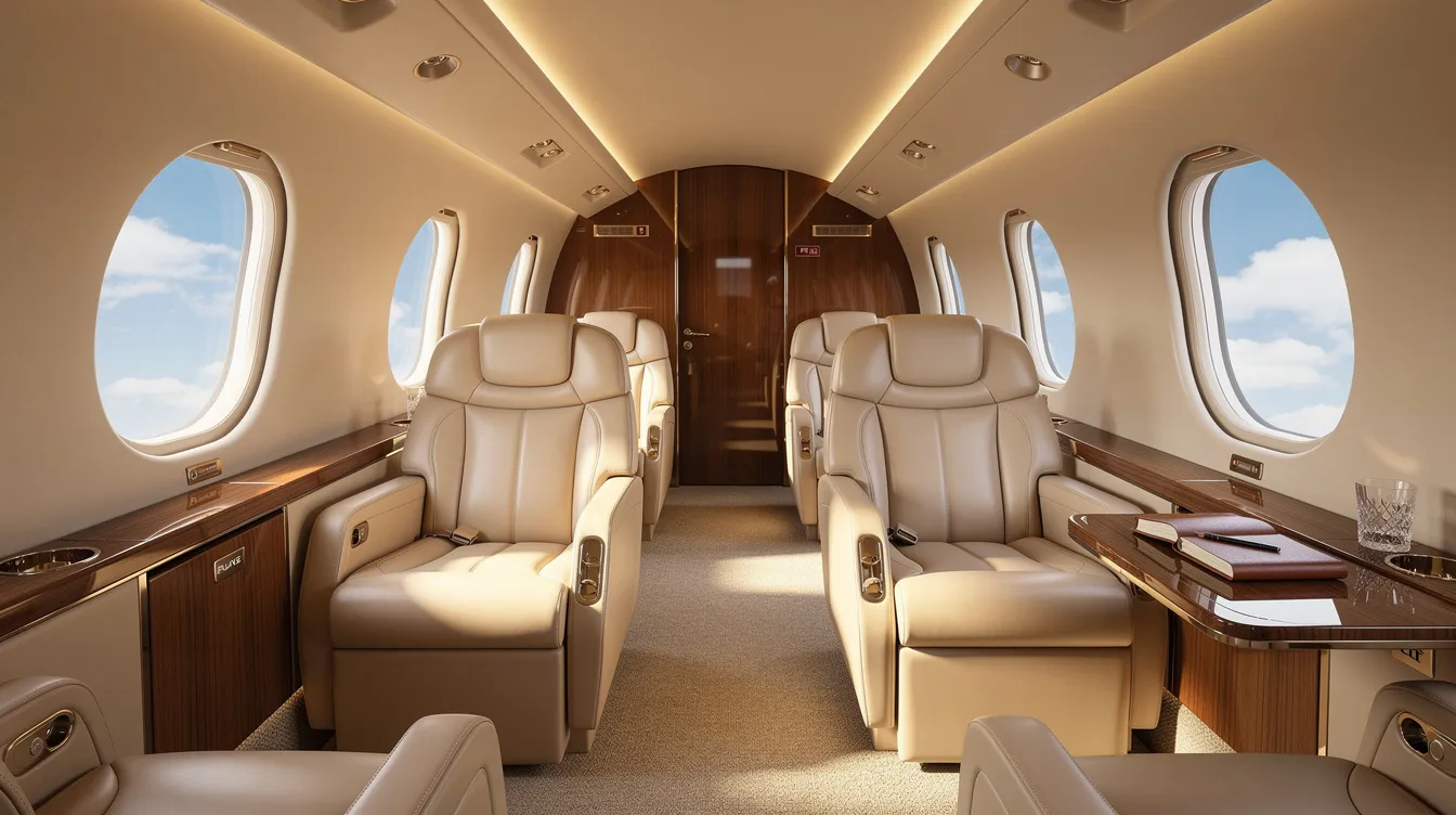 The image depicts the interior of a spacious private jet cabin featuring luxurious leather seats and large windows that provide a view of the clear blue sky. This elegant setting highlights the comfort and exclusivity associated with private aviation, making it an ideal choice for travelers seeking a premium flying experience.