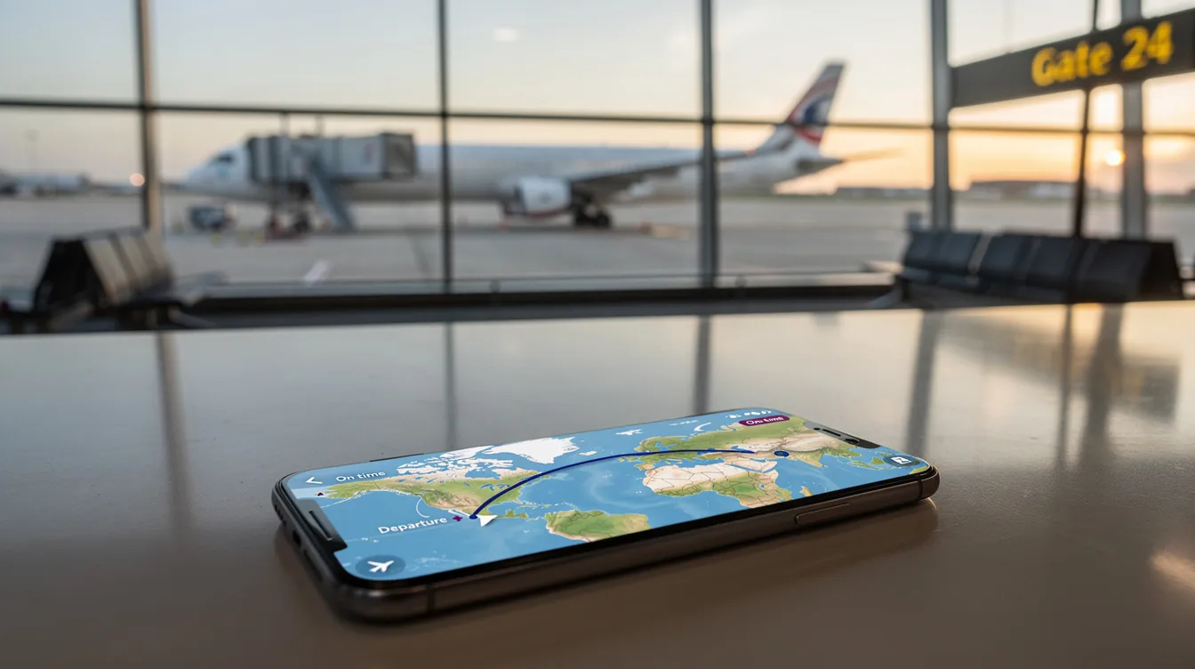 A smartphone rests on an airport gate counter, showcasing a flight tracker app that displays a detailed map of current flights, including flight status and aircraft details. This app provides users with valuable information such as flight number, estimated time of arrival, and live air traffic updates, enhancing the overall flight tracking experience.