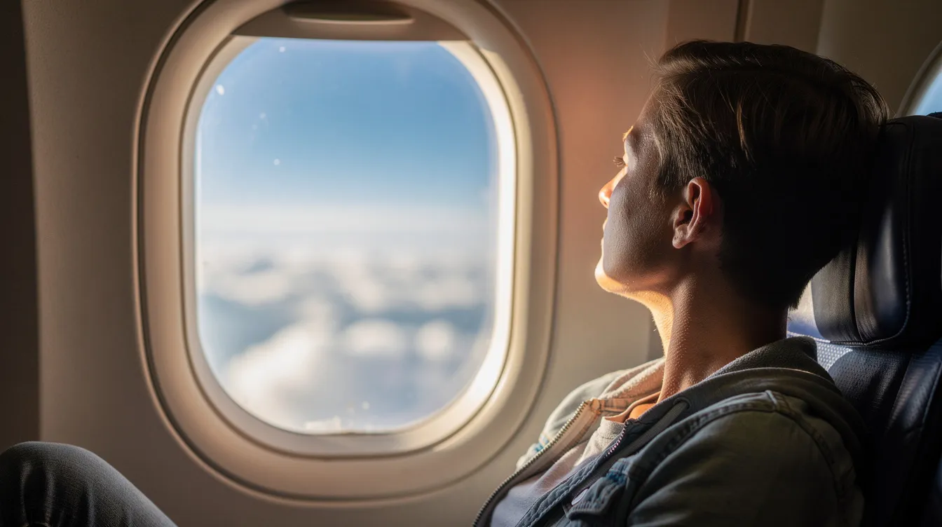 A relaxed person is sitting by an airplane window, gazing out at fluffy white clouds and a clear blue sky, embodying the tranquility of flight. This scene captures the essence of air travel, perfect for those interested in using a flight tracking app to monitor flight status and details during their journey.