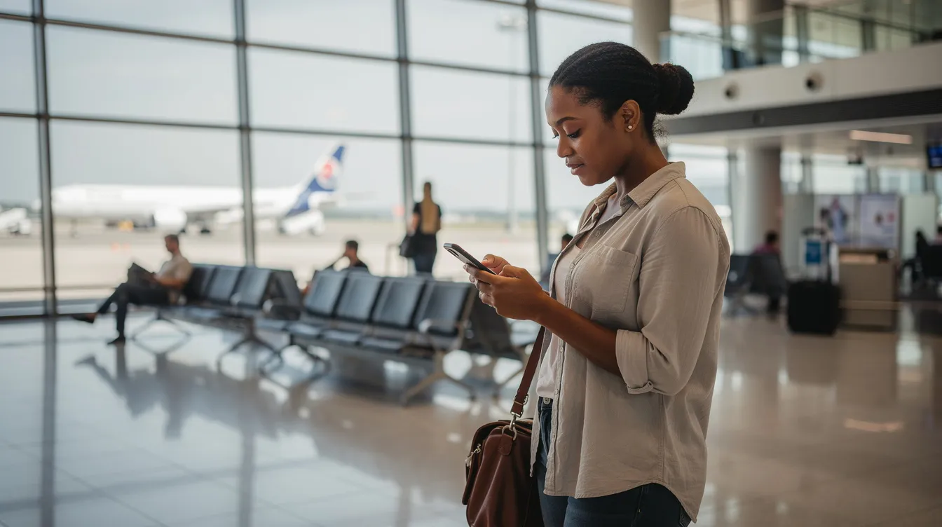 A calm person is sitting at an airport gate, intently looking at their smartphone, possibly using a flight tracking app to monitor flights in real time. The atmosphere suggests a sense of focus and anticipation, as they check for updates on their flight status or gate changes.