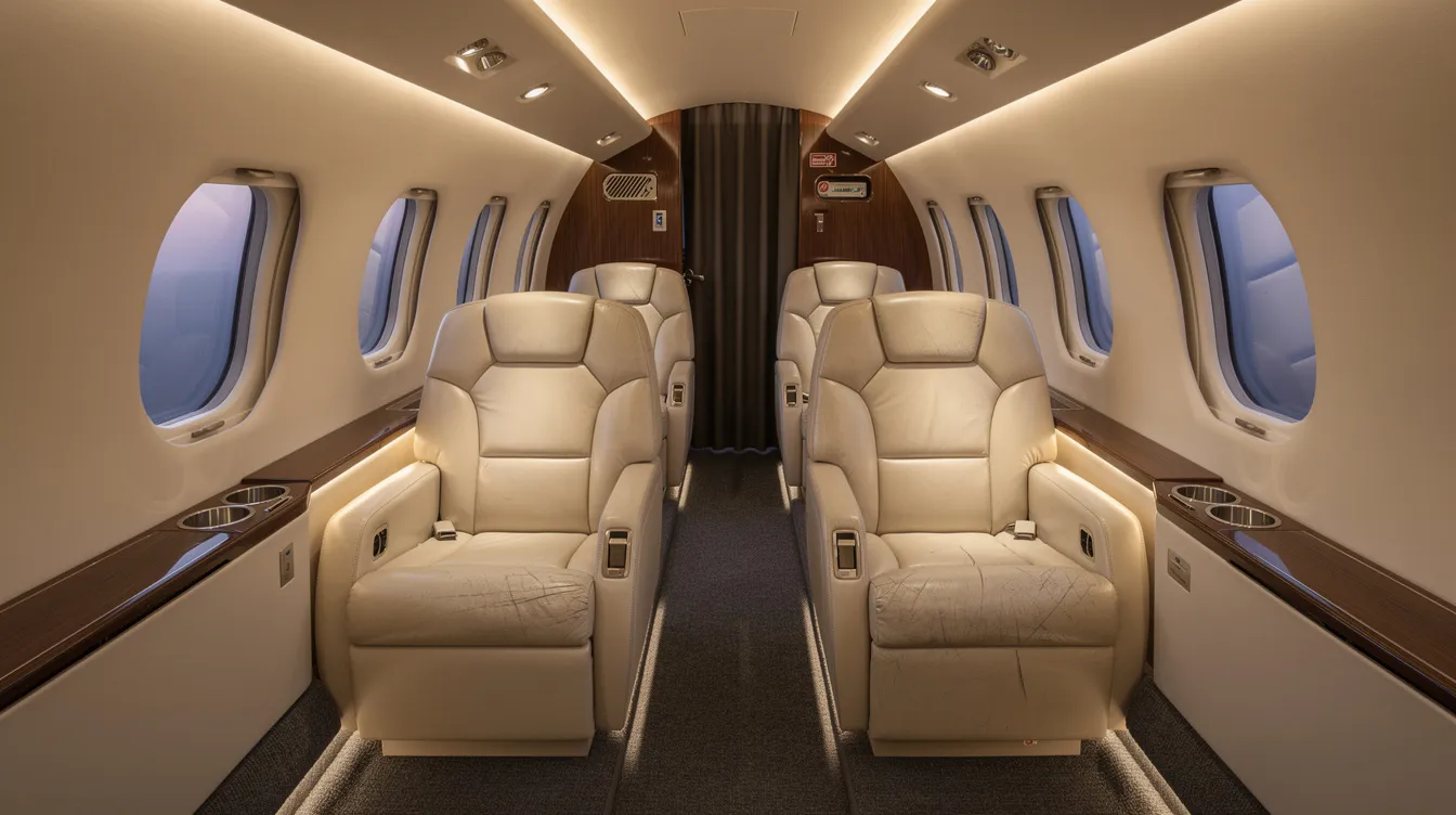The image depicts the interior of a midsize private jet cabin, featuring plush leather seats and soft ambient lighting, creating a luxurious atmosphere for private aviation. This elegant space is designed for comfort and style, ideal for fractional jet owners and those seeking the benefits of private jet travel.