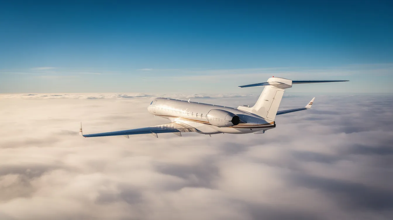 A light jet soars above a blanket of fluffy white clouds, set against a bright blue sky, showcasing the elegance of private aviation. This image captures the essence of private jet travel, highlighting the freedom and luxury of flying high above the hustle of commercial flights.