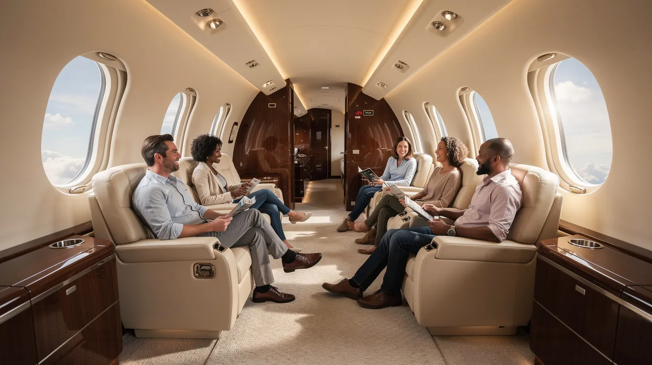 The image depicts relaxed passengers enjoying the spacious interior of a private jet cabin, complete with large windows that provide ample natural light. This setting highlights the comfort and luxury of private aviation, making it an ideal choice for those seeking an efficient alternative to commercial flights.