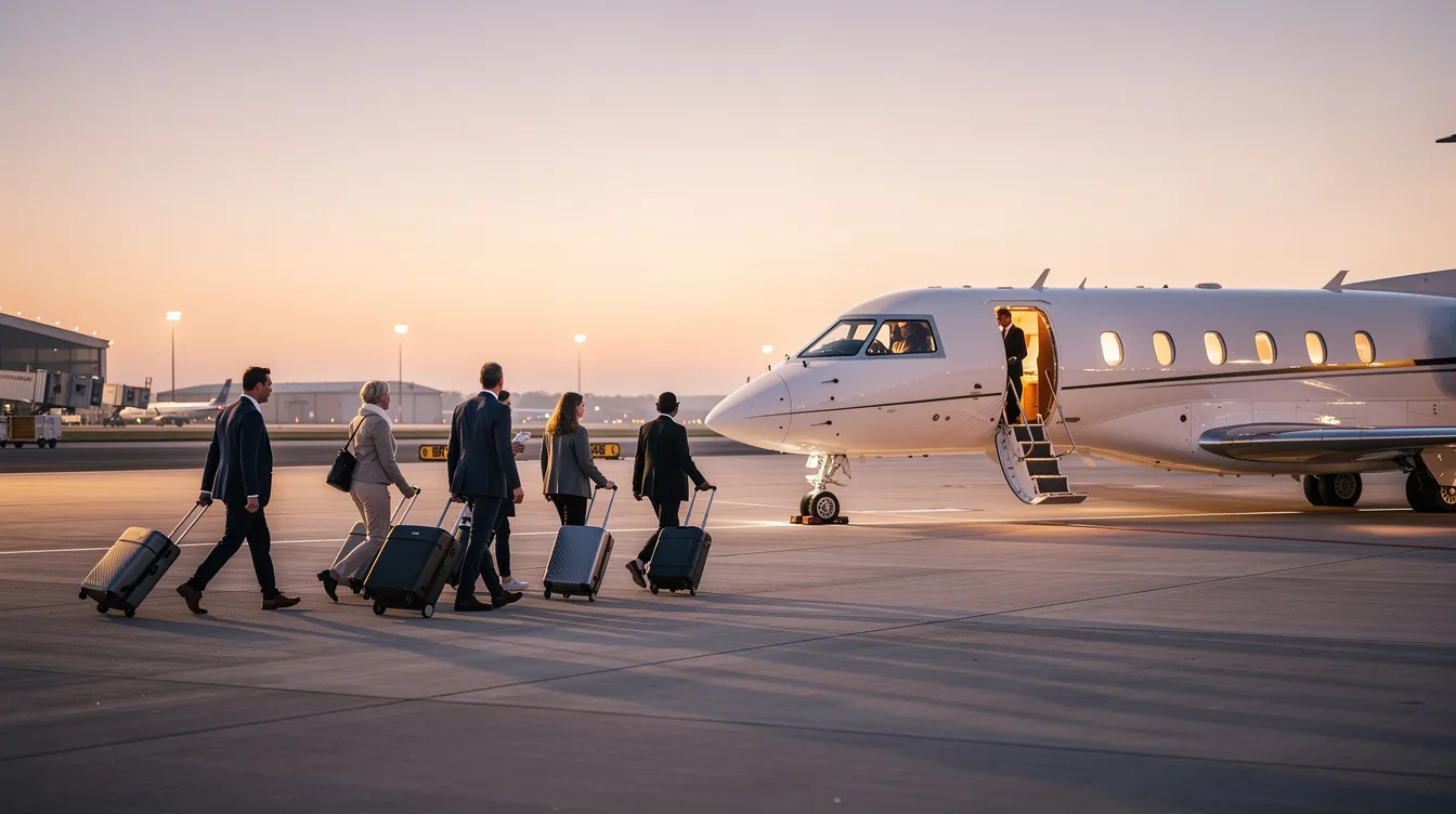 A group of passengers is walking across a quiet airport tarmac towards a waiting private jet, showcasing the luxury and convenience of private aviation. This scene highlights the ease of accessing private charter flights, allowing travelers to bypass long security lines typically found in commercial flights.