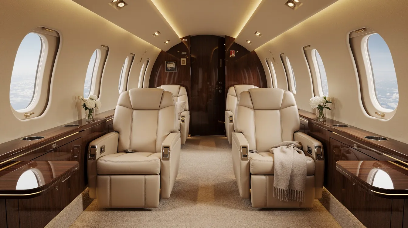 The image depicts the luxurious interior of a private jet cabin, featuring cream leather seats and warm ambient lighting, creating an inviting atmosphere for travelers seeking a premium private aviation experience. This elegant space is designed for comfort and relaxation, ideal for those who prefer to fly private and enjoy exclusive onboard amenities.