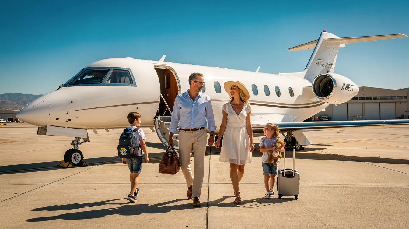 A family of four is walking toward a small private jet on a bright sunny tarmac, ready to embark on their private aviation adventure. This scene captures the ease and luxury of private jet travel, highlighting the convenience of charter flights away from long security lines.