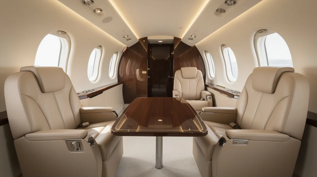 The image depicts a luxurious private jet cabin featuring beige leather seats, elegant soft lighting, and a polished wood table, highlighting the comfort and sophistication expected in the private aviation industry. This modern interior is designed for private jet travelers seeking a refined experience during their private flights.