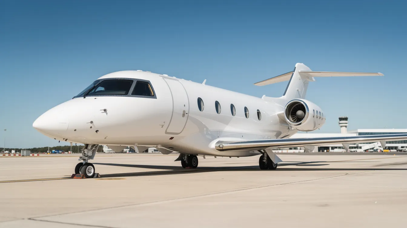 A sleek white private jet is parked on a sunlit tarmac, with a clear blue sky in the background, showcasing the elegance of private aviation. This image represents the luxurious experience of private jet charter services for travelers seeking personalized service and operational excellence in their flights.