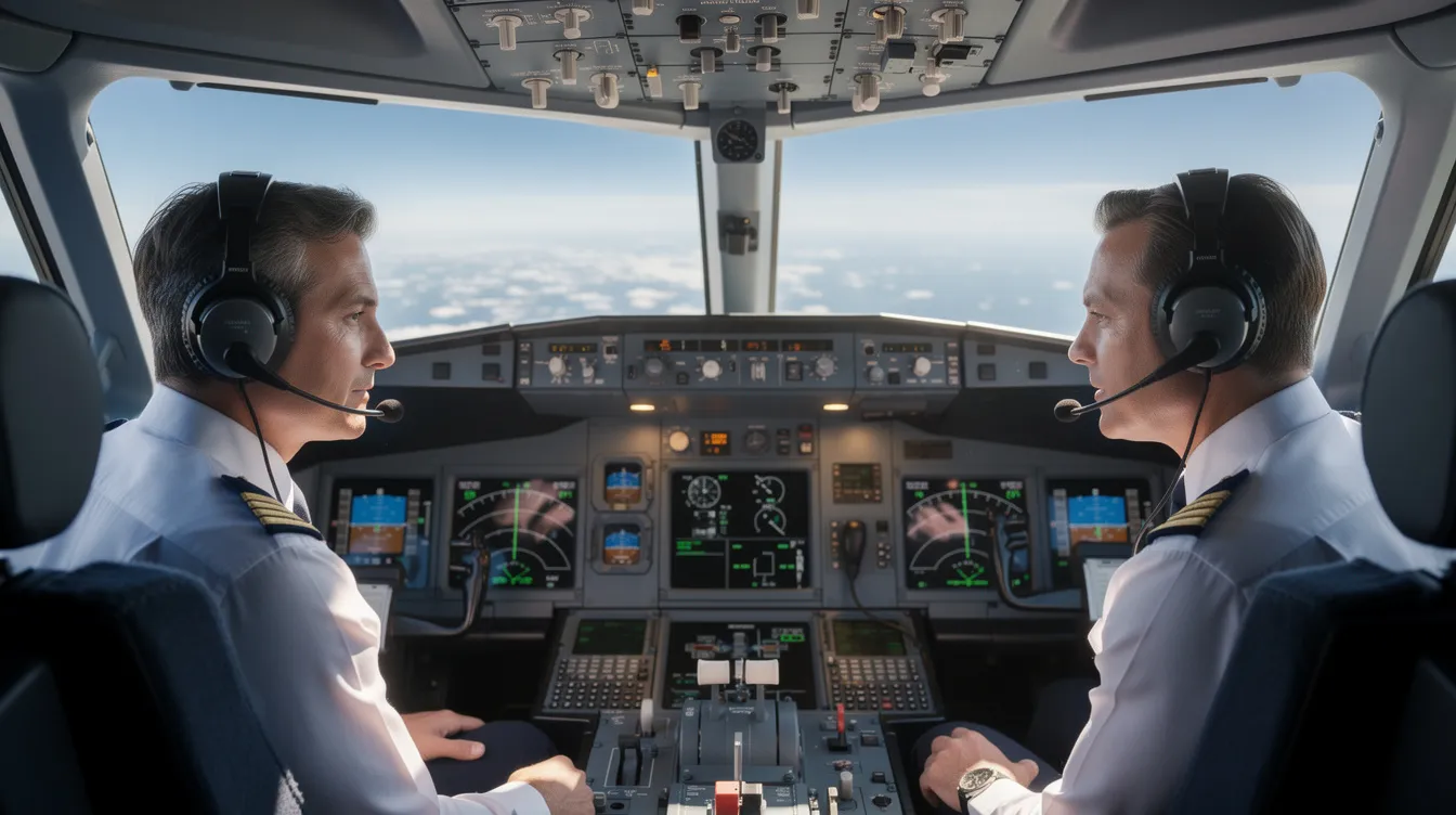 Two pilots are seated in a modern cockpit, intently reviewing various instruments while a clear blue sky is visible through the large windshield. This scene captures the essence of private aviation, showcasing the professionalism and focus required for private jet flights and charter flight services.