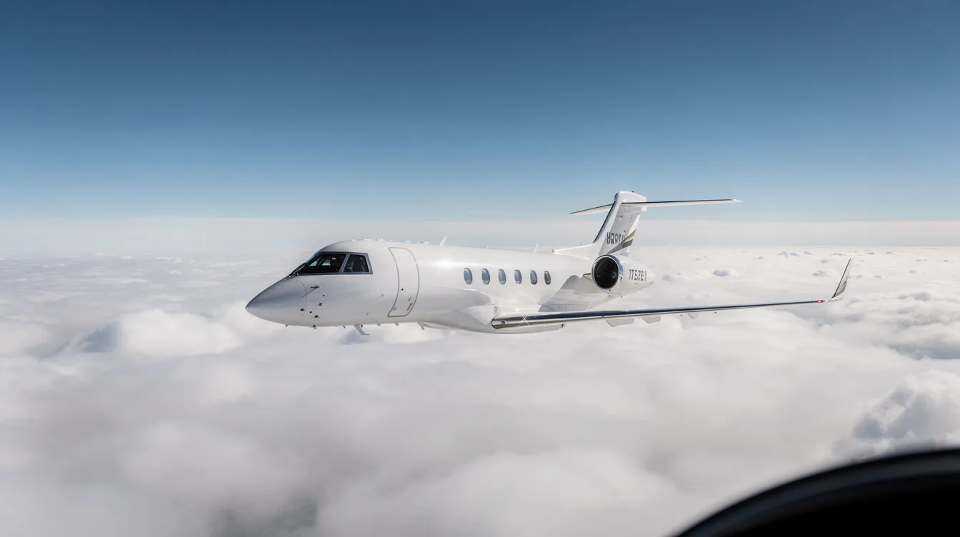 A private jet soars above a thick layer of clouds, set against a clear blue sky, showcasing the elegance of private aviation. This image captures the essence of private jet travel, highlighting the freedom and luxury that comes with on-demand charter options in the private jet industry.