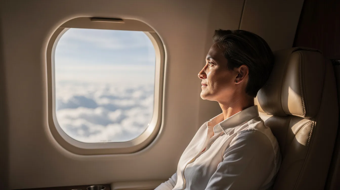 A calm passenger gazes out of a private jet window, observing the fluffy clouds below during their private aviation journey. This serene moment highlights the luxury of private jet travel, offering a peaceful escape above the world.