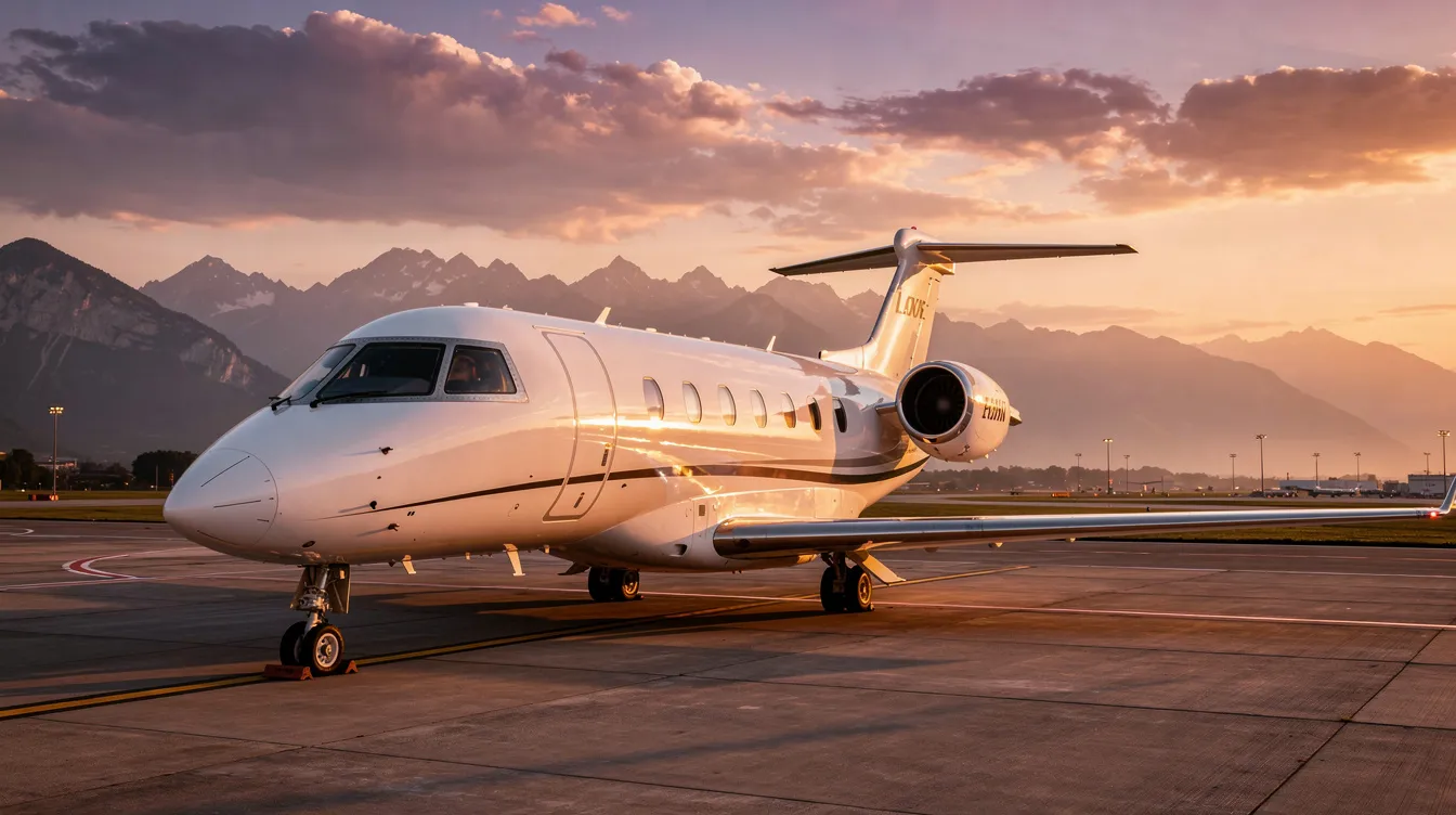 A private jet is parked on a tarmac during a vibrant sunset, with majestic mountains silhouetted in the background. This scene captures the essence of private aviation, showcasing the allure of private jet travel and the stunning landscapes that can be accessed through on-demand charter services.
