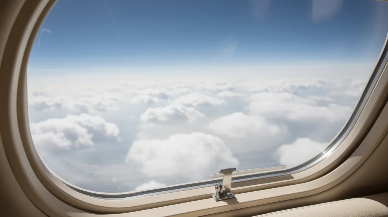 The image depicts a serene view from a private jet window, showcasing fluffy white clouds set against a vibrant blue sky at cruising altitude, perfect for jet card holders enjoying private aviation. This tranquil scene highlights the luxury of private jet travel, emphasizing the freedom and comfort that comes with jet card programs.