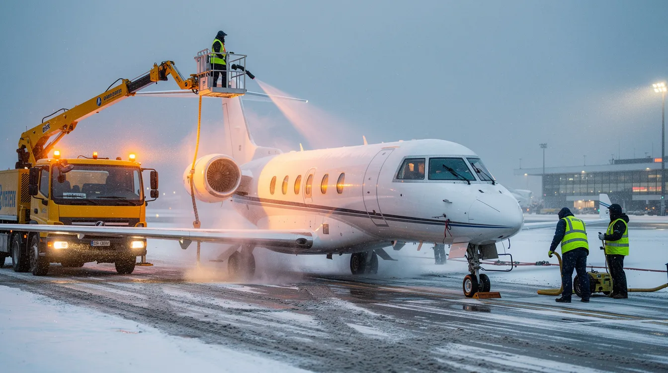 A small private jet is being de-iced on a snowy airport runway, with ground crew members actively working to ensure safe departure. This scene highlights the importance of proper maintenance and preparation in private aviation, especially during high demand periods and adverse weather conditions.