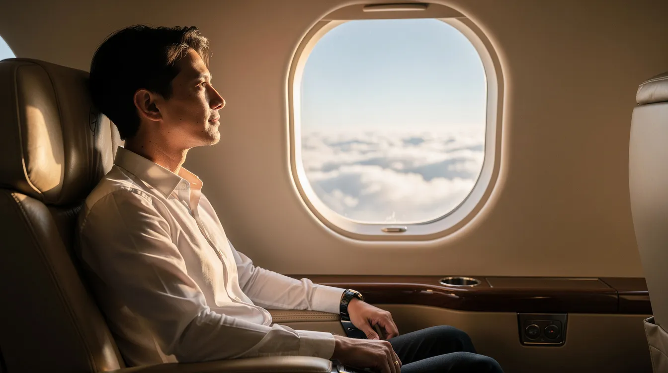 A calm passenger sits inside a private jet, gazing out the window at the fluffy clouds below, embodying the luxury and tranquility of private aviation. This serene moment highlights the benefits of private jet travel, including personalized service and guaranteed availability, making it an appealing choice for those considering jet card programs.