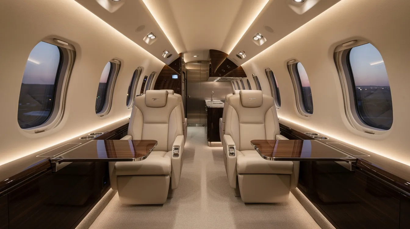 The image depicts the interior of a modern midsize private jet cabin, featuring luxurious leather seats and soft ambient lighting that creates a comfortable atmosphere for passengers. This elegant setting exemplifies private aviation's personalized service, ideal for those considering jet card programs or on-demand charters for their travel needs.