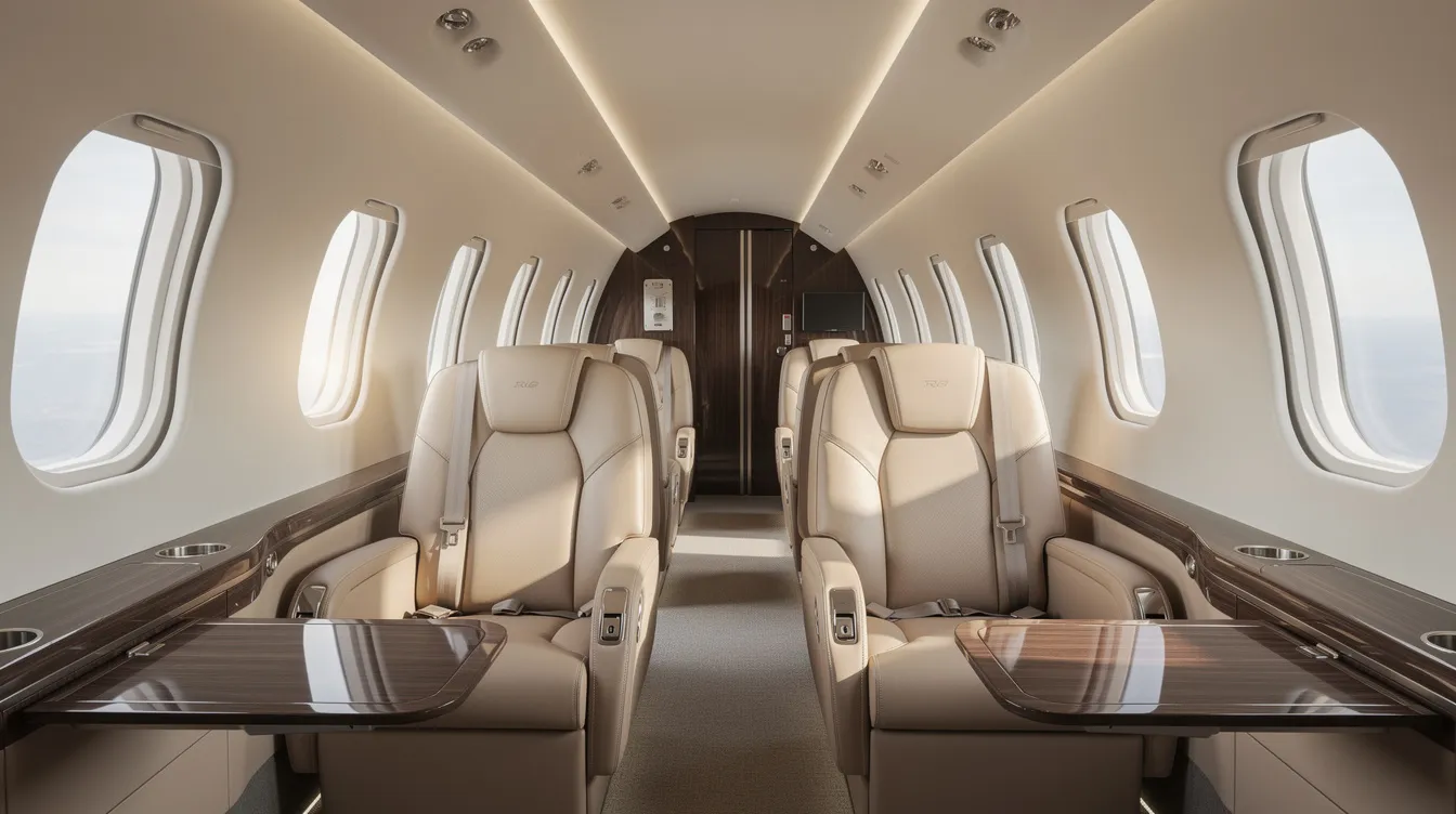 The image depicts the interior of a modern private jet cabin featuring luxurious beige leather seats and elegant wood trim, illuminated by natural light streaming through oval windows. This inviting space exemplifies the comfort and style associated with private jet charter services, ideal for both domestic and international flights.